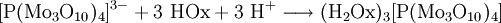 \mathrm{[P(Mo_3O_{10})_4]^{3-} + 3 \ HOx + 3 \ H^+ \longrightarrow (H_2Ox)_3[P(Mo_3O_{10})_4]}